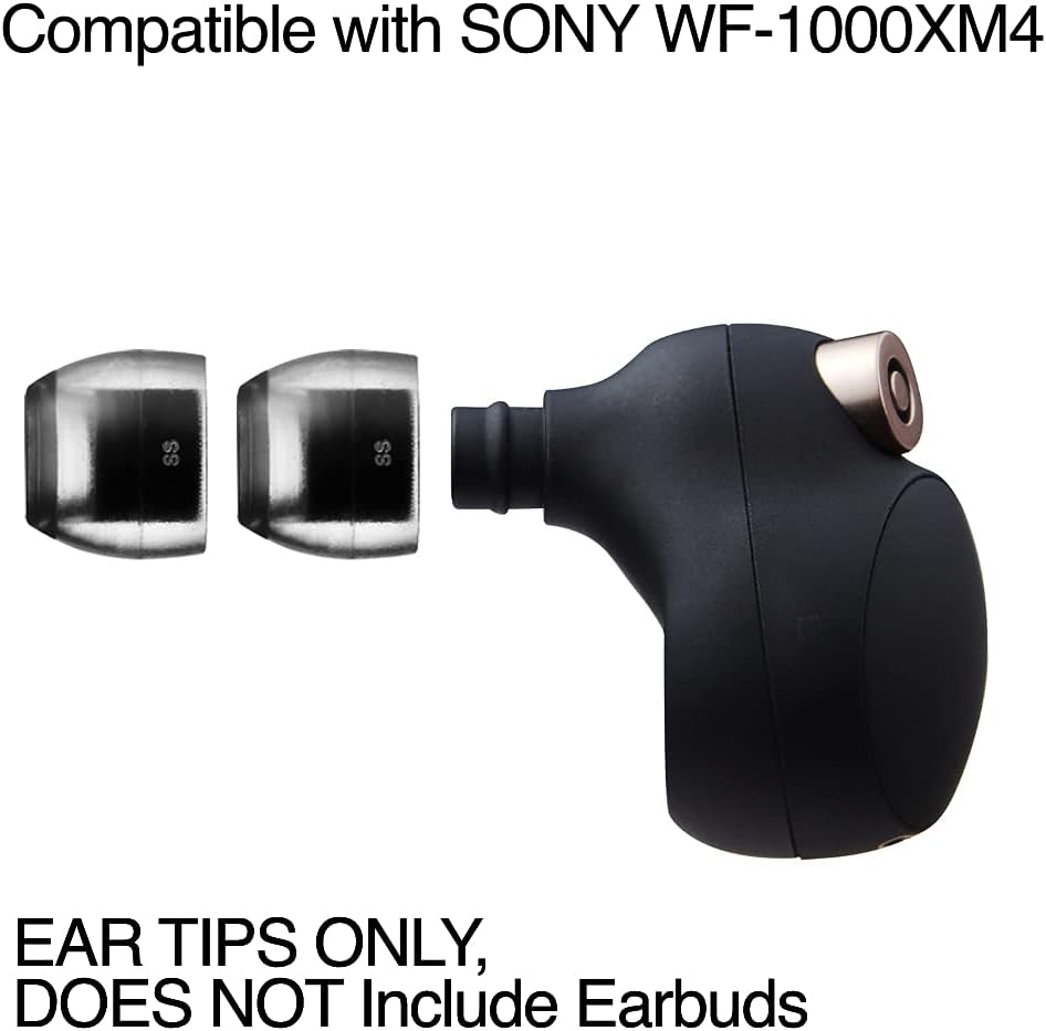 Illustration of attaching AZLA SednaEarfit Crystal tips to Sony WF-1000XM4 earbuds.