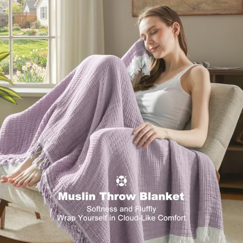 Image of EMME Muslin Queen Blanket with Tassels, 100% Cotton Gauze, Purple, 80 inchx90 inch | Soft Breathable Gauze Throw, Lightweight, Cozy for Adults Couch Sofa Bed, Gifts for Women Mom, Boho Home Decor, All Season