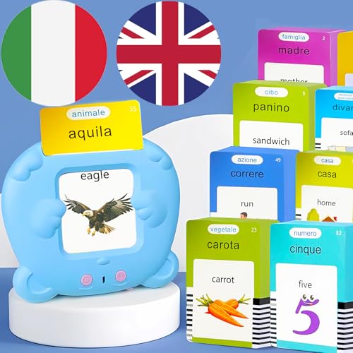 KILOGOGRAPH Bilingual English Italian Flash Cards - Talking Flash Cards for Kids, 510 Sight Words, Pocket Speech for Toddlers 3-12, Autism Sensory Toys, Preschool Learning Activities Boys (Blue)