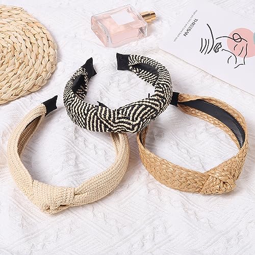 Candygirl 3Pcs Straw Knot Headband Womens Girls Wide Head Band Boho Top Knotted Rattan Hairbands Fashion Woven Summer Beach Headbands Non-Slip #TOP7