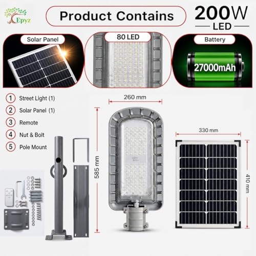 Image of Epyz 200W Semi-Integrated Solar Street Light, Cold White | Aluminium Body, Remote and Dusk to Dawn, 80 LED, 27000mAh, Pack of 1