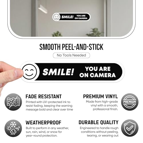 Image of | Smile You're On Camera Stickers (5 Pcs) - Strong Adhesive, Waterproof You are On Camera Signs! Size 5 inch x 1 inch. Anti Theft Car Stickers. Perfect for Business and Home Security Too