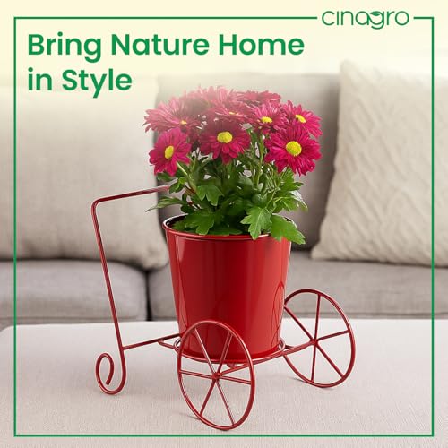 Image of CINAGRO Metal Wagon Planter, Red Pram Rickshaw-Shaped Metal Plant Stand for Indoor & Outdoor Use, 2 Wheel Pot Stand, Flower Vase, Decorative Iron Pot Holder for Flowers & Ornaments, 27 x 13 x 21 cm