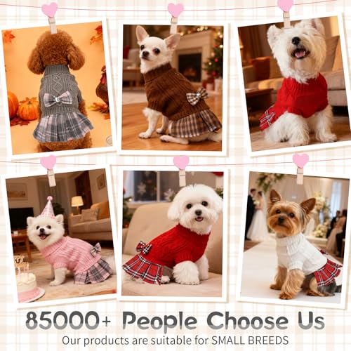 Image of Small Dog Sweater Dress with Bowtie Warm Turtleneck Girl Dog Clothes in Winter Knitted Pet Pullover for Puppy Doggie Cat Sweater for Christmas Birthday Thanksgiving (Grey, Medium)