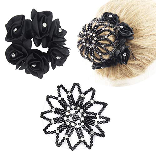 SUSULU 2pcs Hair Bun Holder Flower Hair Scrunchies Hair Bun Cover with Rhinestone for Women (Black)