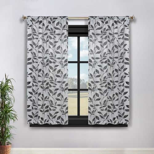 SUPERIOR Semi Blackout Curtains - Modern Leaves - 26" x 63" - Rod Pocket Header - Thermal Insulated, Sun Blocking & Room Darkening Drapes for Bedroom, Living Room - Set of 2 Panels - Silver/Black