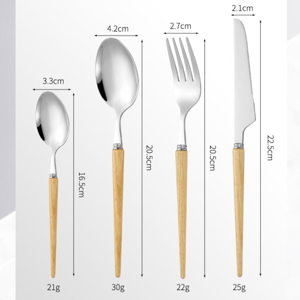 Couverts de Cuisine en Bois de frêne Massif, Couverts en Acier Inoxydable, Couteaux et fourchettes en Acier, Couverts pour la Maison, Les fêtes et Les Restaurants (Manche en Gourde