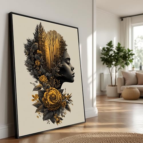 Toile profil de femme 50x70cm portrait nature botanique pour décoration murale contemporaine