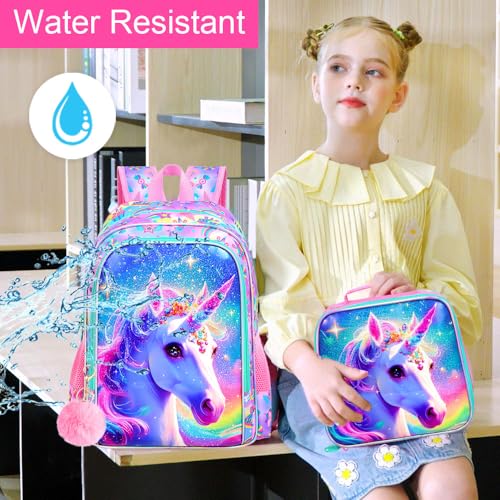 Image of AGSDON 3PCS Backpacks for Girls, 16 inch Kids Unicorn Elementary Backpack with lunch box, Water Resistant Prechool Bookbag for Girl
