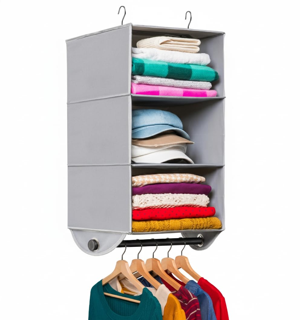 Hold N' Storage - Organizador de armario colgante de 3 estantes – Almacenamiento de armario y organizador colgante de armario RV – Gris con barra de metal negro – 12 pulgadas de ancho x 12 pulgadas de