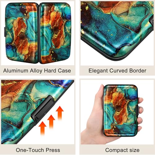 Image of ELFISH Mini RFID Aluminum Wallet Credit Cards Holder Business Card Case Metal ID Case for Men Women, Blue Brown Marble, 4.33 x 2.95 x 0.75 inches, Compact