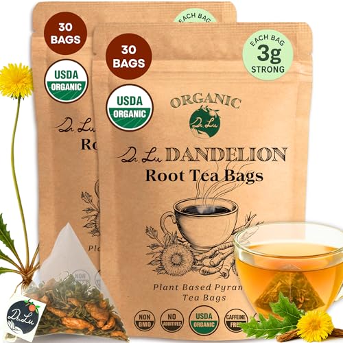 2 Pack of Dr. Lu's Organic Dandelion Root &amp; Leaf Tea | Natural Liver &amp; Detox Support | 60 x 3g Corn Fiber Pyramid Bags (No Plastic, No Nylon)