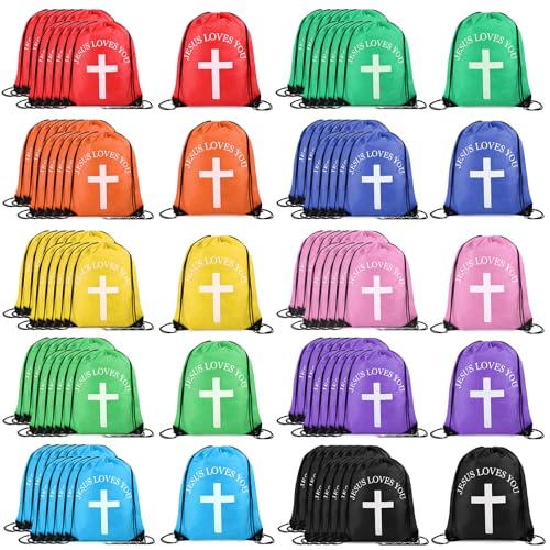 SilTriangle Mochila Jesus Loves You com cordão, bolsa de presente religiosa cristã, mochila de poliéster, Multicor, about 13.4 x 16.5 inches/ 34 x 42 cm, Cruz