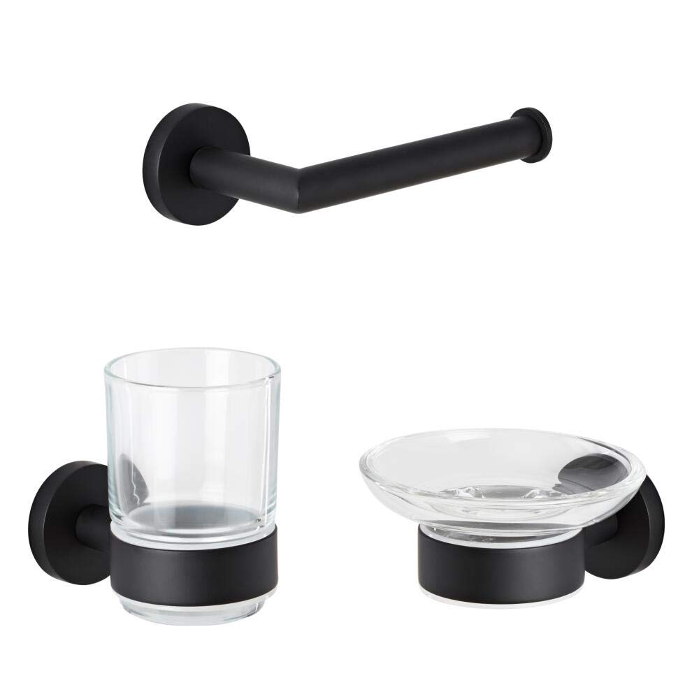 Milano Black Nero 3 Piece Bathroom Accessory Set Toilet Roll Holder Tumbler Soap Dish
