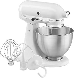 KitchenAid White KSM45 275W 10 Speed 4.3L Stainless Steel Classic Tilt-Head Stand Mixer, Whisk, Flat Beater, Dough Hook