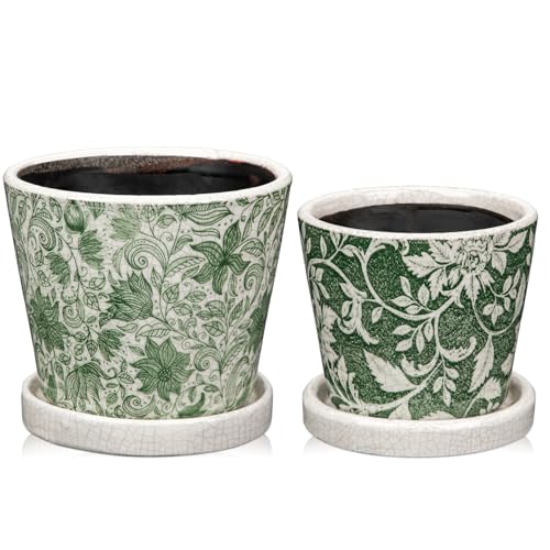 Set of 2 Ceramic Green Plant Pots with Drainage Hole and Saucers Vintage Farmhouse Accent Planters for Indoor Plants Round Flower Pots Rustic Succulent Cactus Pots Terracotta Tubs 5747 Inch