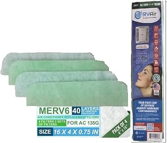 RV Air AC Filter - Replacement Parts for Camper Accessories, Travel Trailer Air Conditioners, MERV 6, Durable, Cleaner Air, Easy to Install, Ideal for Camping - 2 Filters 135G 16 x 4" x .75"