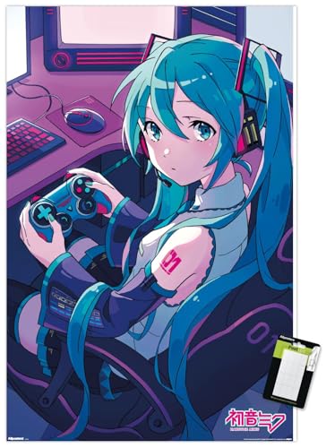 Trends International Hatsune Miku - Game Night Wall Poster, 22.4L x 14.7W, Premium Poster & Mount Bundle