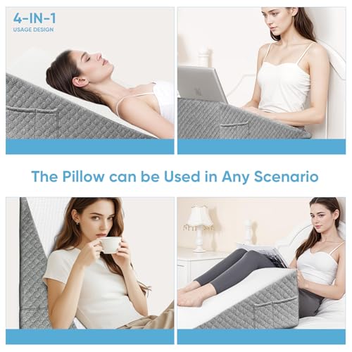Wedge Pillow, 12 Inch Bed Wedge Pillow for Headboard, Pillow Wedge for Acid Reflux Relief, After Surgery, Sleeping,Back Pain Relief, Memory Foam Top, LightGrey