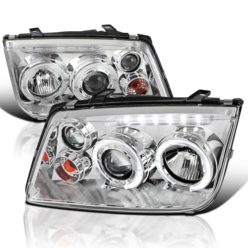 Spec-D Tuning LED + Halo Projector Headlights Compatible with 1999-2005 VW Jetta/Bora Mk4, Left + Right Pair Headlamps Assembly
