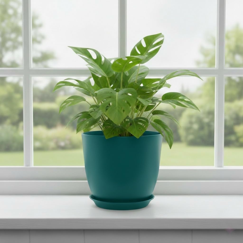 Vanslogreen Plant Pots 8 Inch Set of 6, Flower Pots with Drainage Holes and Saucer, Plastic Garden Planters for Indoor & Outdoor Plants (Deep Green)