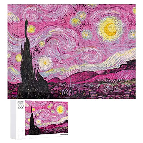 Houten puzzel 500 STKS voor volwassenen en kinderen, wereldberoemde schilderij roze sterrennacht moeilijke uitdaging… - Image 3