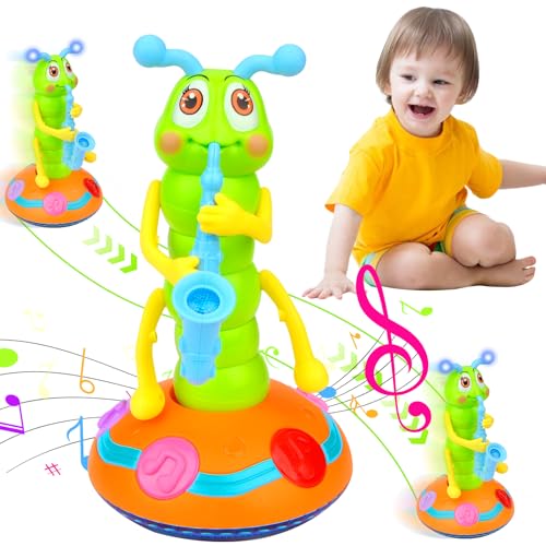 Vibbang Saxophone électrique en forme de chenille avec 6 musiques et lumière LED, jouet de danse musical amusant à bascule, jouet sensoriel alimenté par...