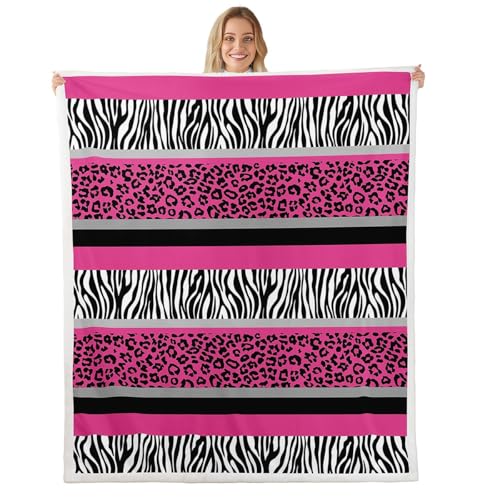 Zebra Leopard Sherpa Throw Blanket - Kids Girls Pink Black White - Ultra Soft Fur Plush - 50x60 Inch
