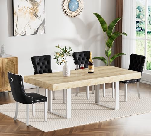 Image of Oak Dining Room Table Set for 4, 5-Piece 63 inch-78.74 inch Extendable Dining Table Set with 4 Upholstered Chairs, Rectangle Wooden Expanding Kitchen Table and Black Chairs Set