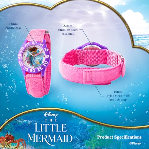 Disney Little Mermaid Watch for Girls Ages 4–7 – Featuring Ariel Character Dial – Perfect Princess Gift for Kids Learning Time – Purple Bezel with White Numbers and Pink Nylon Strap with Velcro3