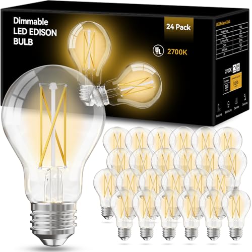 VOLIVO 24 Pack A19 Vintage LED Edison Bulbs, Dimmable, 60W Equivalent, High Brightness 2700K Warm White, 7W E26 Standard Base, CRI80+, 800 Lumens, Clear Glass Filament Bulb for Home, Farmhouse