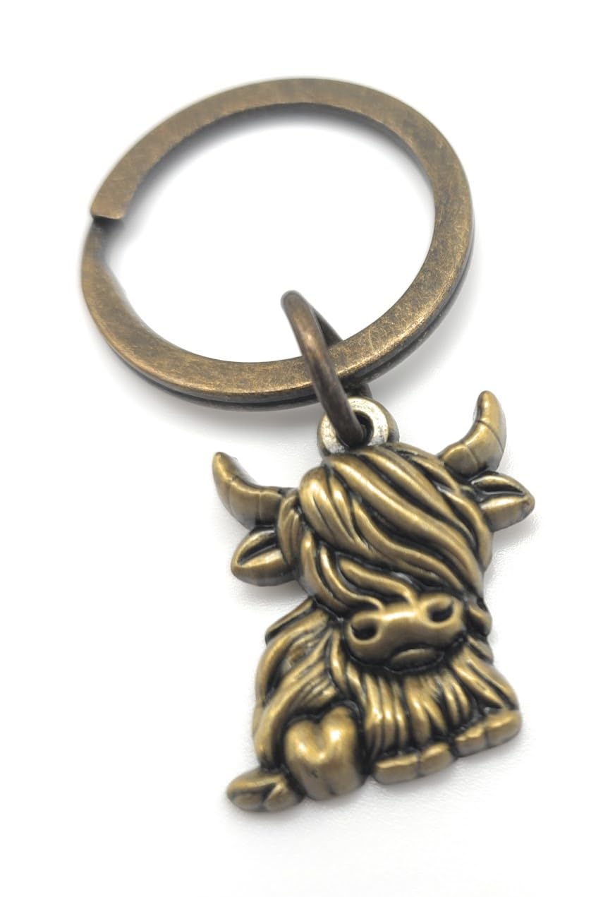 4Trails Unisex Gold Highland Cow Keyring, Lucky Scottish Charm Keychain With Floral Design Antique Brass