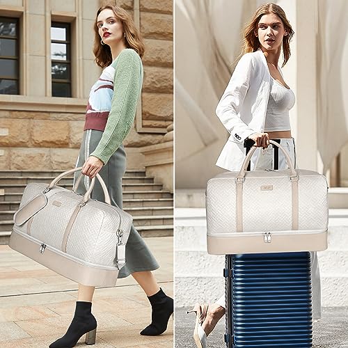 Image of Weekender Bags for Women with Shoe Compartment 3Pcs Overnight Bag 21 inch Travel Duffel Bag Carry on Tote with Trolley Sleeve for Men Travel /Business /Gift, A6-Polyester-Beige, Large
