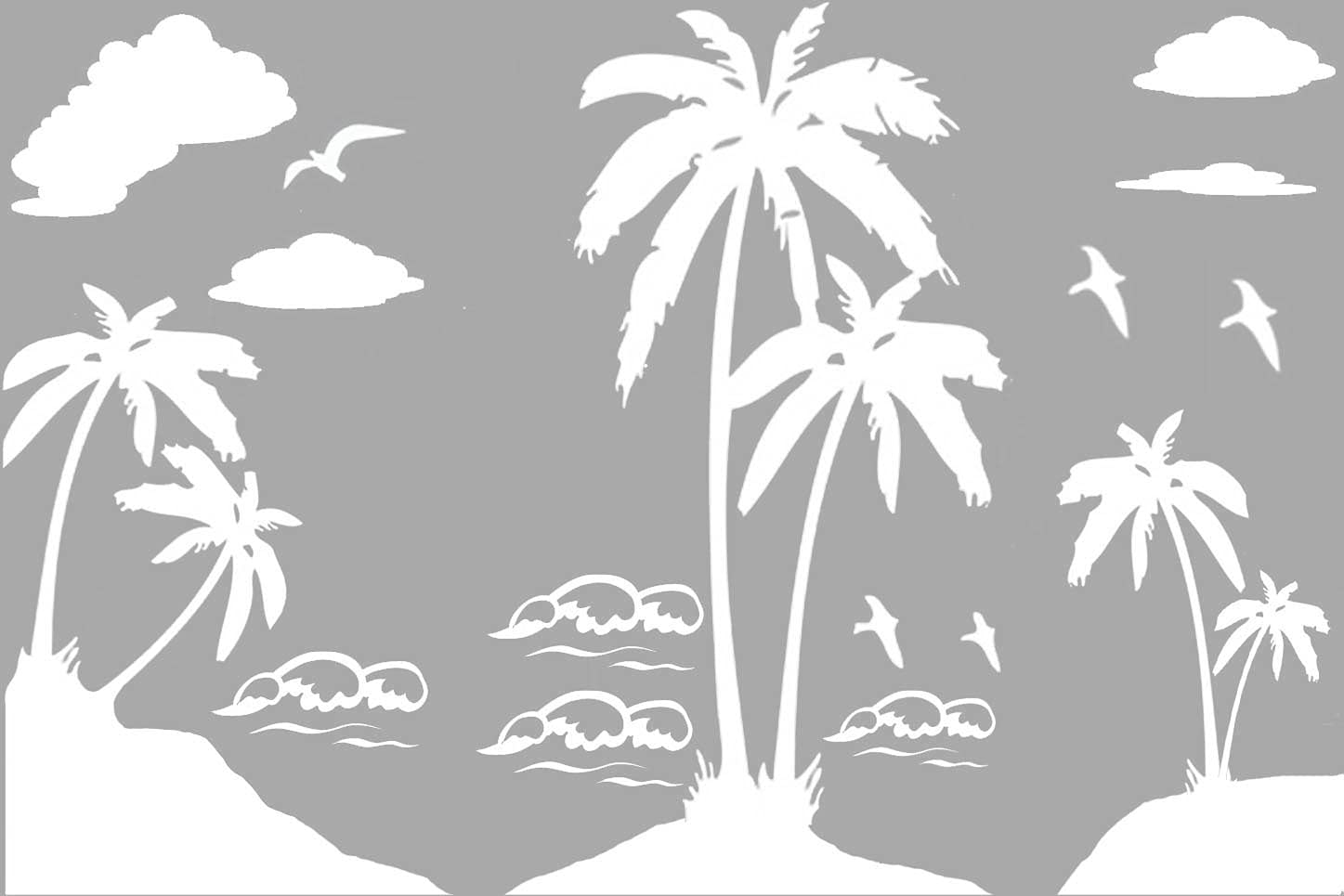 BIBITIME Beach Coco Tree Wall Decals Sea Wave Sky Cloud Seagull Vinyl Stickers for Living Room Bedroom Decor Home Art PVC Murals DIY 23 in x 35 in (White, Finished 22.8 in x 34.2 in)