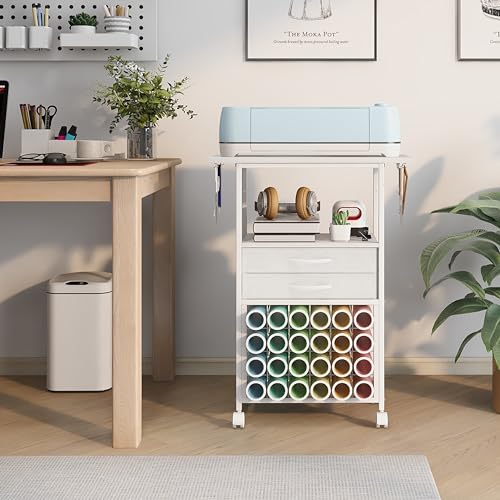 Image of VENNQD Organizer and Storage Stand Compatible with Cricut Machines,Rolling Storage Cart /Shelf with 24 Vinyl Roll Holders，2 Fabric Drawer,Accessories Holder,Tool Hook for Craft Room Home (white)