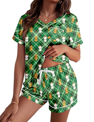 Image of Ekouaer Silk Pajama for Women Short Sleeve Satin Pj Set Two Piece Soft Sleepwear Loungewear Casual Pjs Green Christmas Teddy S