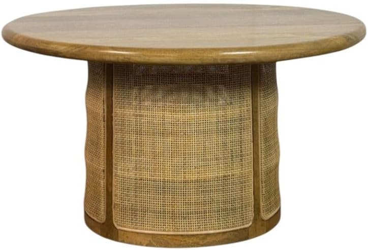Carolina Chair & Table Marlowe 30" Drum-Style Coffee Table – Solid Blonde Acacia Wood Top with Handwoven Cane Drum Base Table – Compact Round Accent Furniture for Living Room, Bedroom, Office Decor