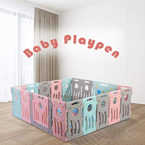 LONTEK Parque Infantil Bebé Plegable con seguridad, Corralito Bebé con Puerta y Pelotas para Niños de 0 a 6 Años, Interior y Exterior, con 18 Paneles (Ola, 16+2)