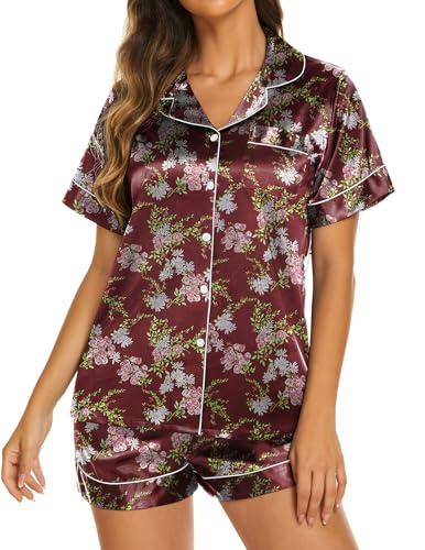 Image of Ekouaer Silk Pajamas Set for Women 2 Piece Short Sleeve Pjs Button Up Satin Top and Shorts Sleepwear Set,Floral Wine,Small