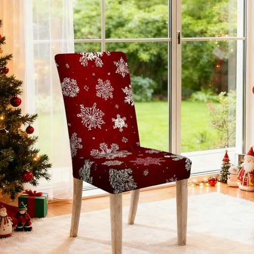 Image of Nuxovilar 4PCS Red Snowflake Stretch Chair Covers 23.6x70in | Holiday Slipcover Festive Protector Snowflake Wrap Seat Guard Dining Room Family Kitchen Party (Red Snowflake)