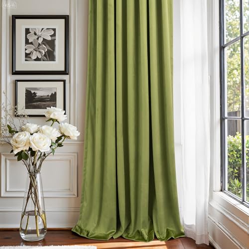 Image of Avocado Lime Moss Green Curtains 108 Inches Long for Living Room Patio Door 2 Panels Luxury Velvet Room Darkening Floor Ceiling Drapes Thermal Insulated Curtain for Bedroom Earthy Room Decor Aesthetic