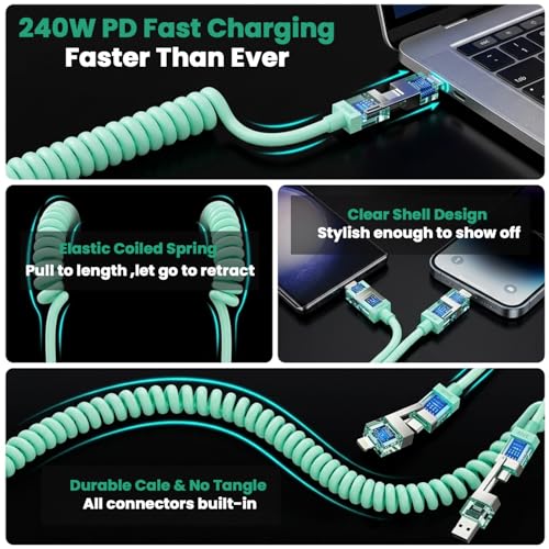 Image of Verilux 4-in-1 Spring Coiled USB to Type C Cable for iPhone 17 /16 /15 /14, PD 240W Type C Cable Fast Charging with 480Mbps Data Transfer, Fashion Retractable Lighting Cable Design for Home, Car, Green