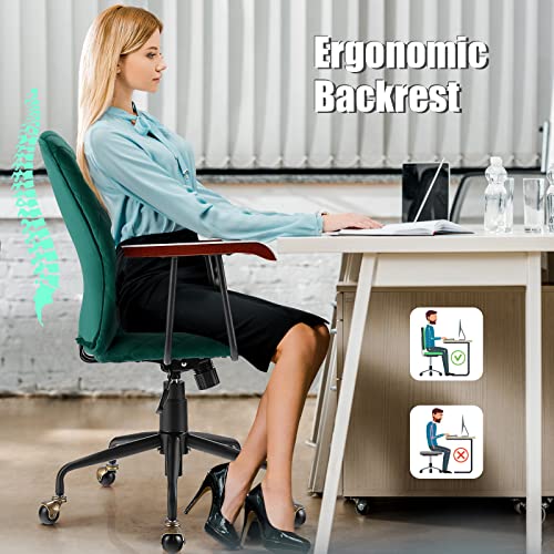 Costway Ergonomic Home Office Chair, Upholstered Velvet Leisure Office Chair With Rubber Wood Armrests & 5-Claw Metal Base, Vintage Mid-Back Computer Desk Chair For Home, Office, Study (Green) #TOP6