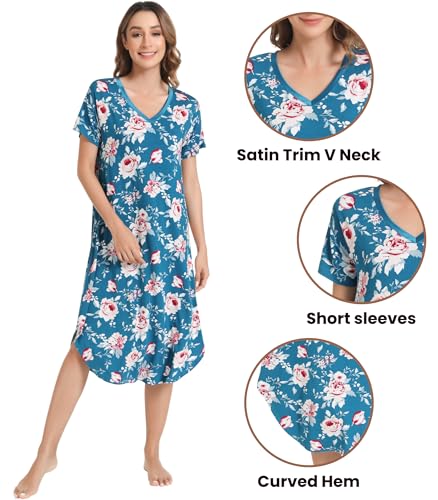 Image of NACHILA Nightgowns for Women-Viscose Made from Bamboo, V Neck Sleepshirts Short Sleeve Sleepwear Cool Nightshirt