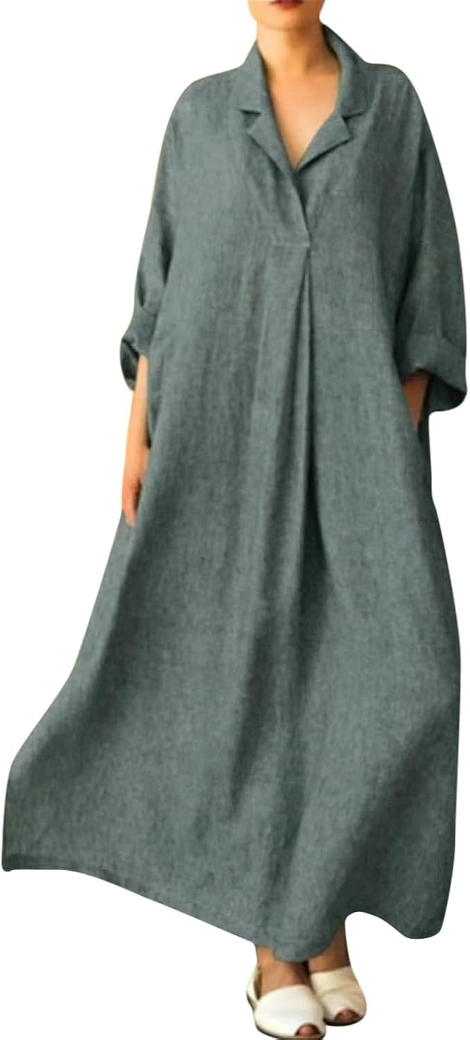 chouyatou Women's Oversized Cotton Linen Long Sleeve V Neck Dress Loose Boho Maxi Shirt Dress with Pockets