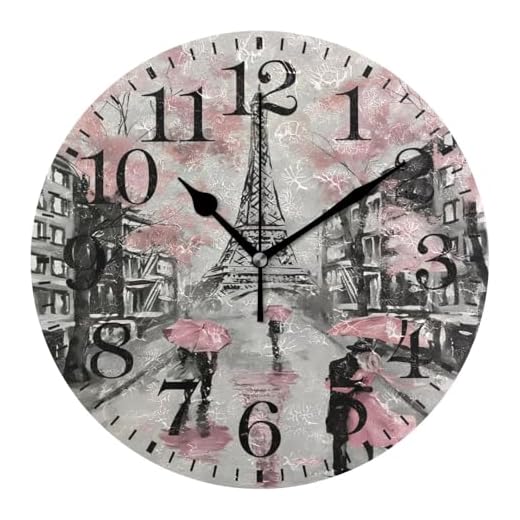 ALAZA Home Decor Oil Painting Paris Eiffel Tower Art Round Acrylic 9.5 Inch Wall Clock Non Ticking Silent Clock Art for Living Room Kitchen Bedroom