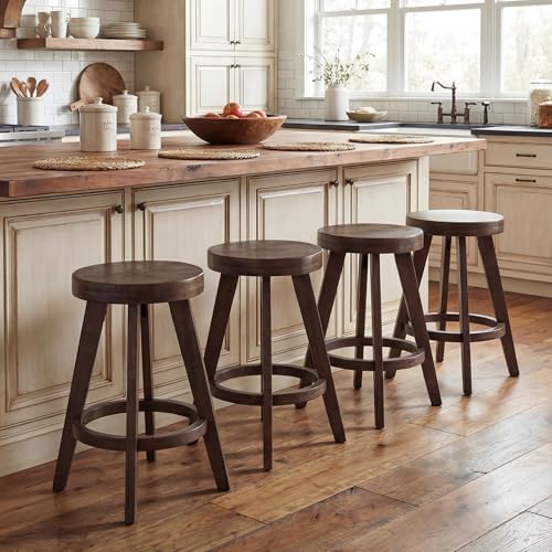 Black Barstools Set of 2, 24" Counter Height Bar Stools with Wood Leg, Vintage Backless Stool for Kitchen Island, Bar Chairs with Round Seat