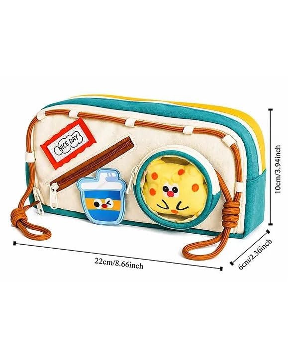Image of Zqiue DIY Magical Patch Pencil Pouch for Kids, Large Capacity Cartoon Zipper Pencil Case with Removable Round Patch & Multi Compartments, Cute School Stationery Organizer