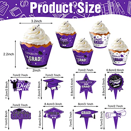 96 Pieces 2023 Graduation Cupcake Toppers Wrappers Cake Decorations 2023 Congrats Grad Cake Topper And Wrapper Graduation Party Supplies Decoration Cupcake Liners (Purple) #TOP2