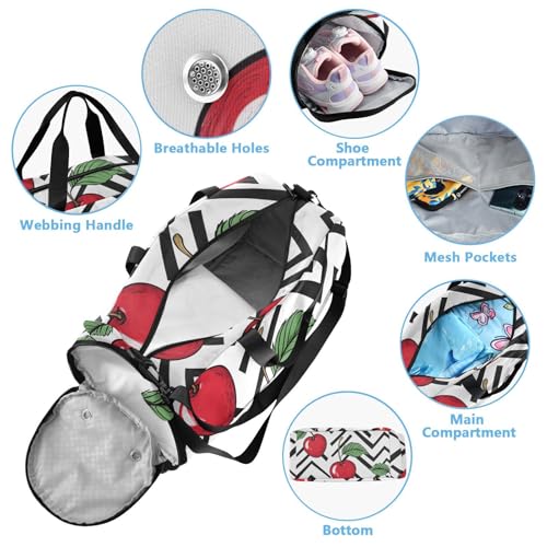 Kids Sports Duffel Bag for Boys & Girls - Cherry Fruit Chevron 100% Polyester Gym Bag with Separate Shoe Compartment, Adjustable Shoulder Strap, Compact Travel & Workout Gear Bag4